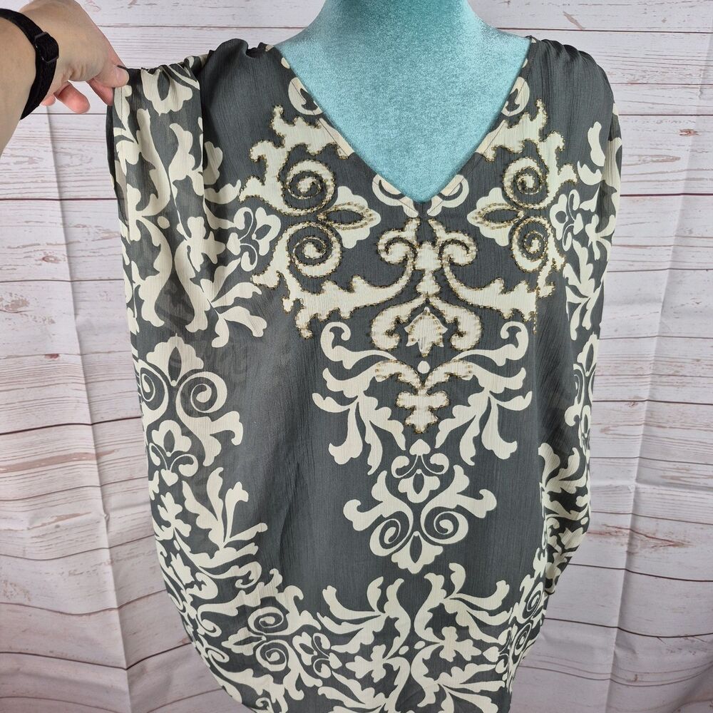Lane Bryant Womens Size 14 / 16 Gray Floral Top Beaded Boho Fairy Grunge Hippie